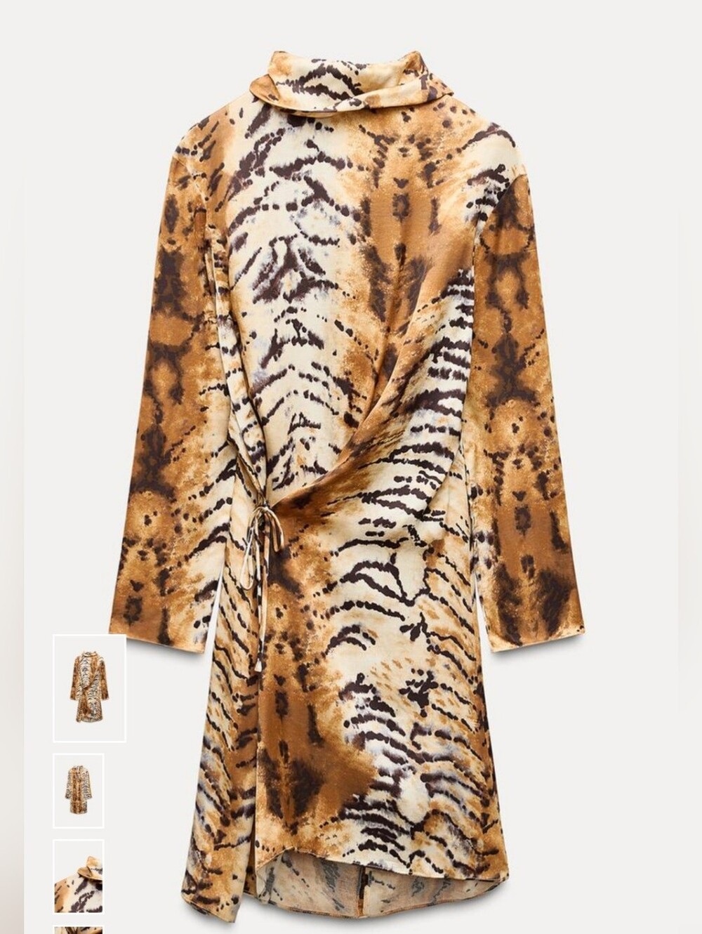 ZARA Animla-Print Long Sleeve  Dress in Brown NWOT Size L - Picture 2 of 5